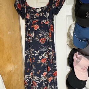 Roxy Navy Dress with Red Floral Design